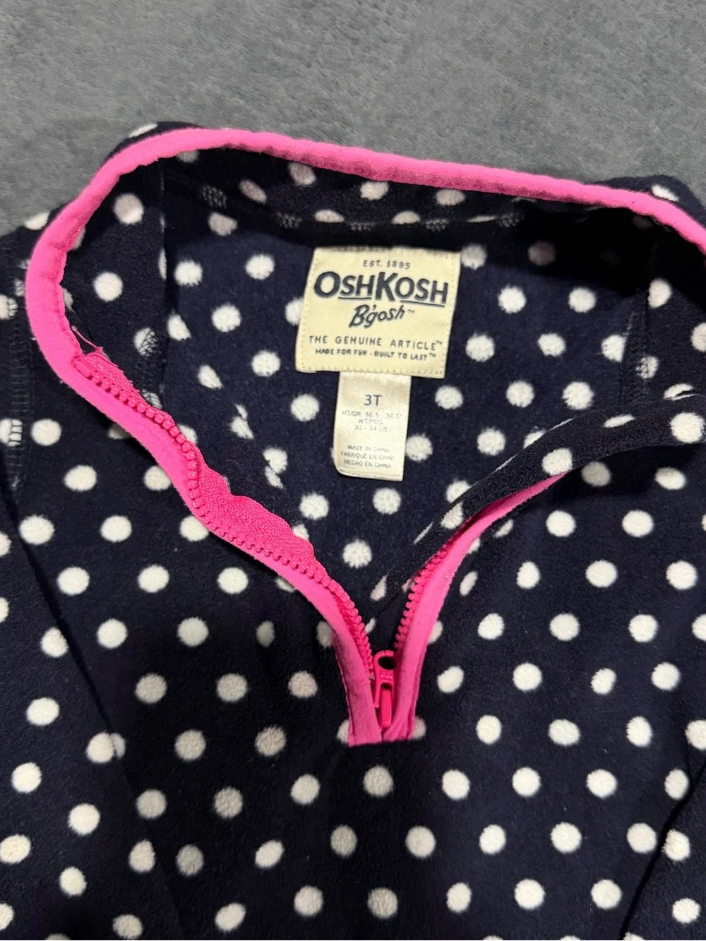 3T - OshKosh Navy Polka Dot Fleece Pullover with Pink Trim